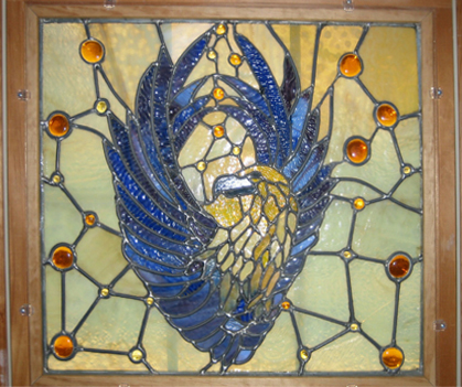 stained glass with blue eagle